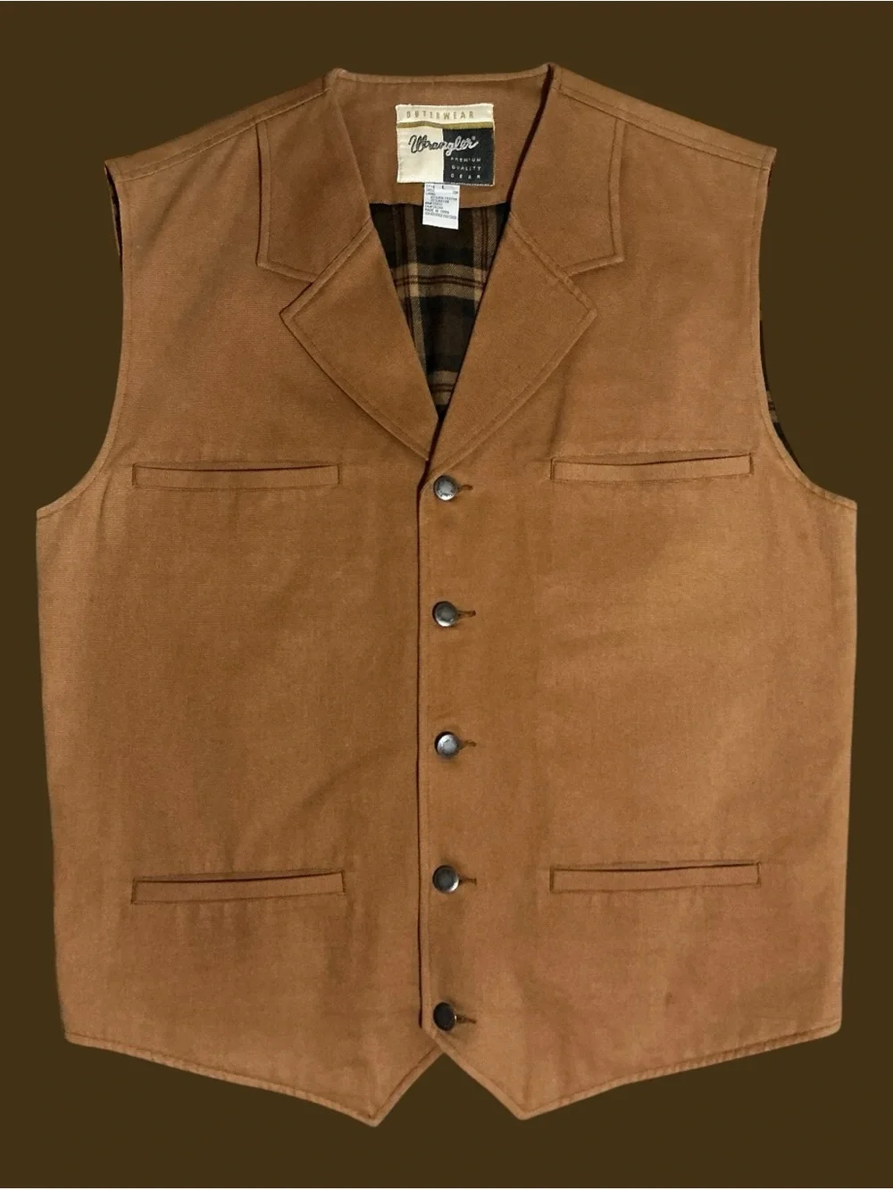 Vintage Wrangler Premium Quality Tan Plaid Lined Western Vest Large